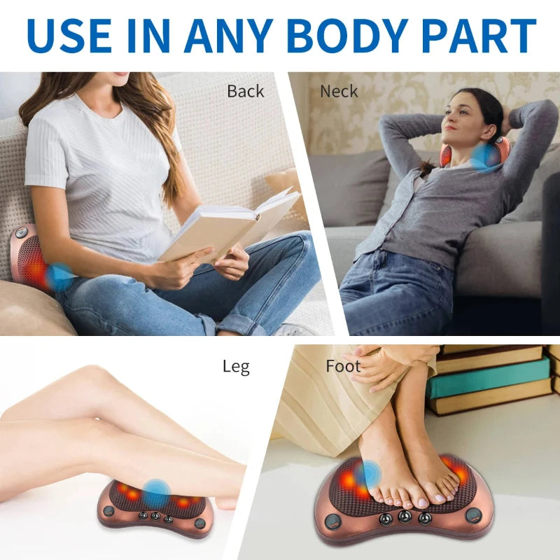 Electric Shiatsu Massage Pillow with 8 Heads – Head, Neck, Shoulders & Back Relaxation