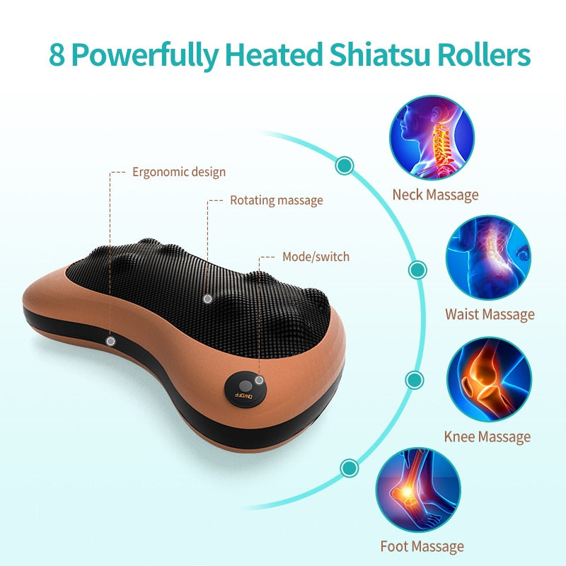 Electric Shiatsu Massage Pillow with 8 Heads – Head, Neck, Shoulders & Back Relaxation