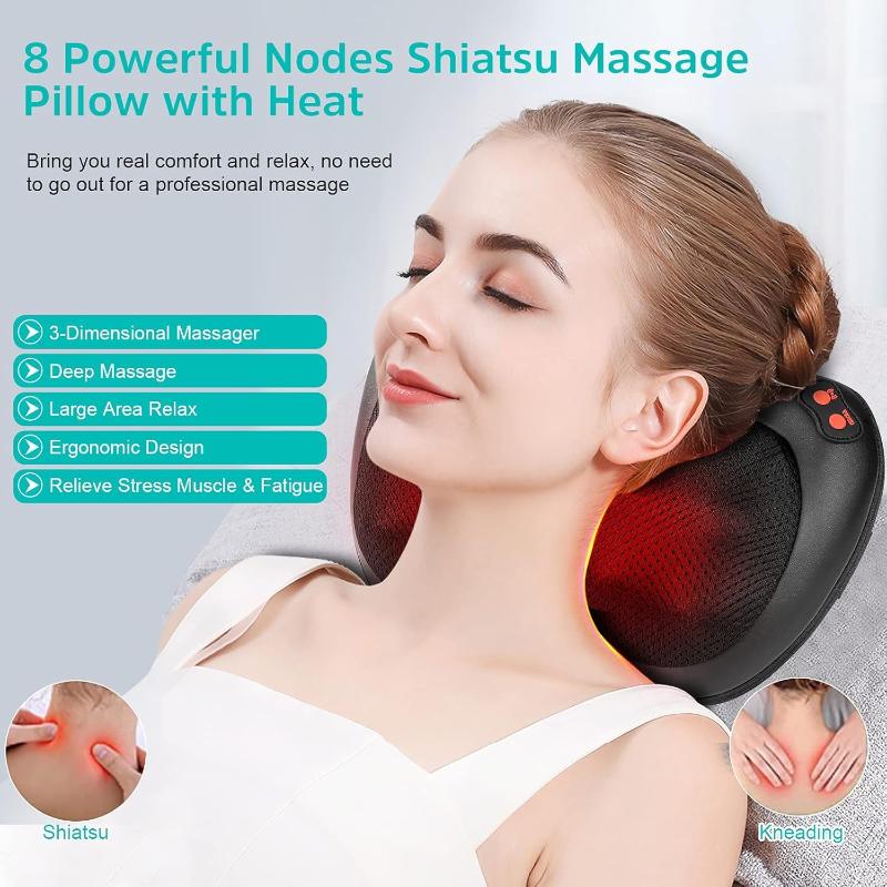 Electric Shiatsu Massage Pillow with 8 Heads – Head, Neck, Shoulders & Back Relaxation