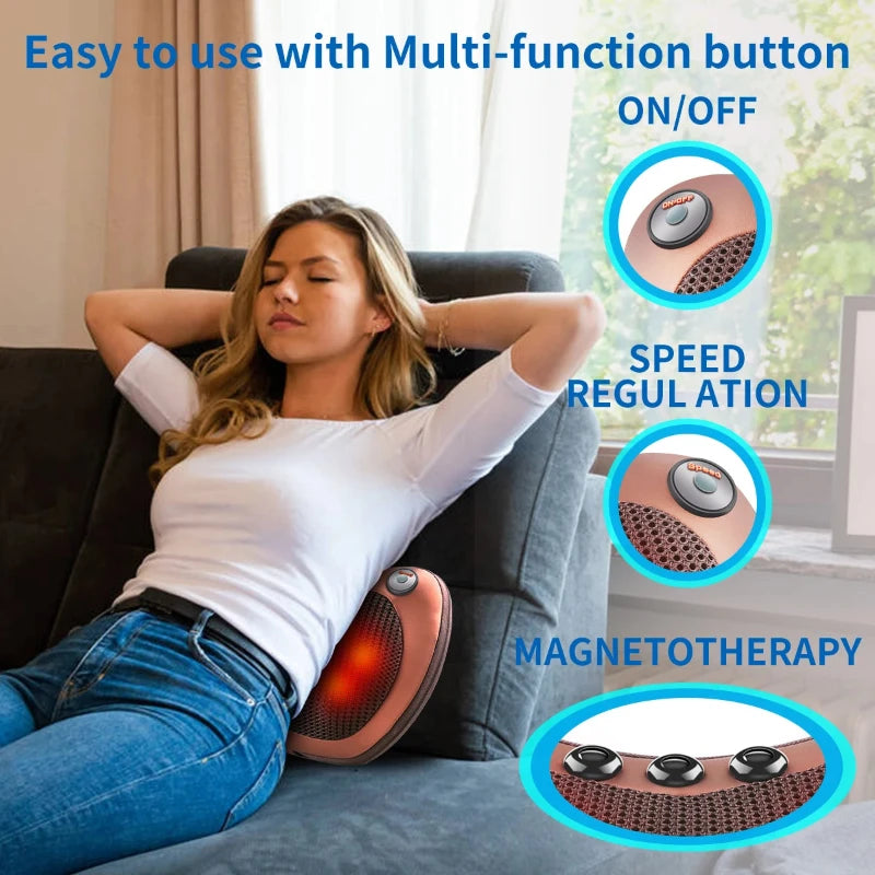 Electric Shiatsu Massage Pillow with 8 Heads – Head, Neck, Shoulders & Back Relaxation